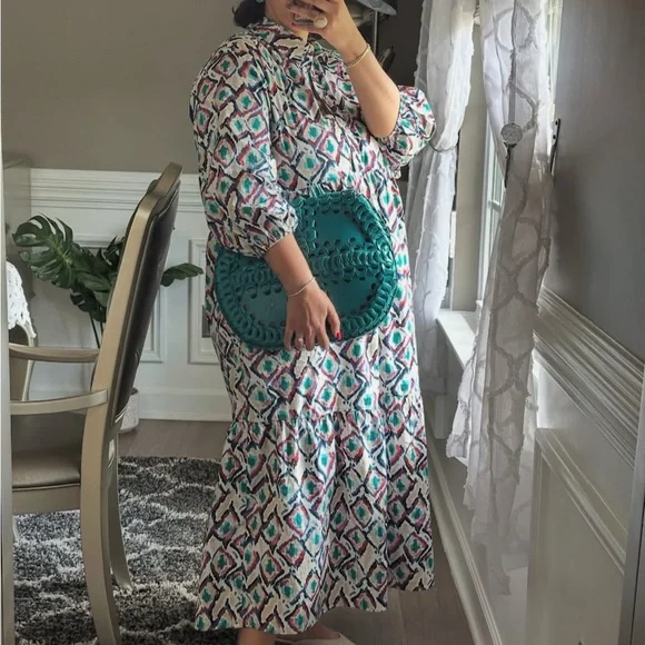 Anthropologie Maeve The Bettina Tiered Maxi Shirt Dress Sz XL Geometric Print - Picture 2 of 12